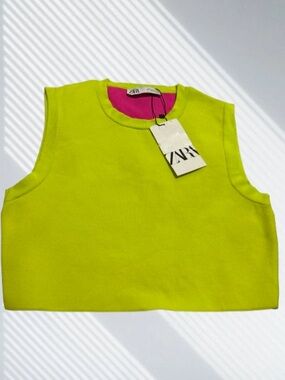 Zara Neon Lime Sleeveless Crop Top with Hot Pink Neckline
